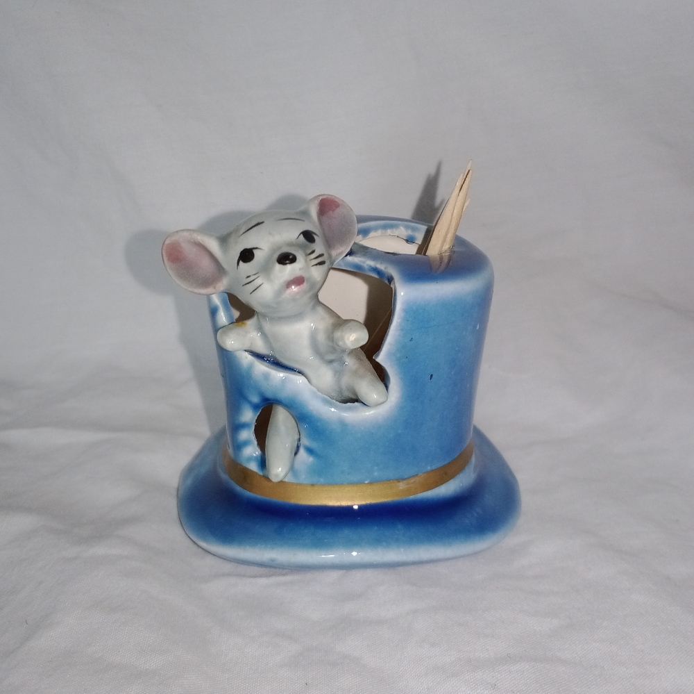 Mid Century Modern MCM Mouse In Top Hat Toothpick Holder Marked Japan Vintage